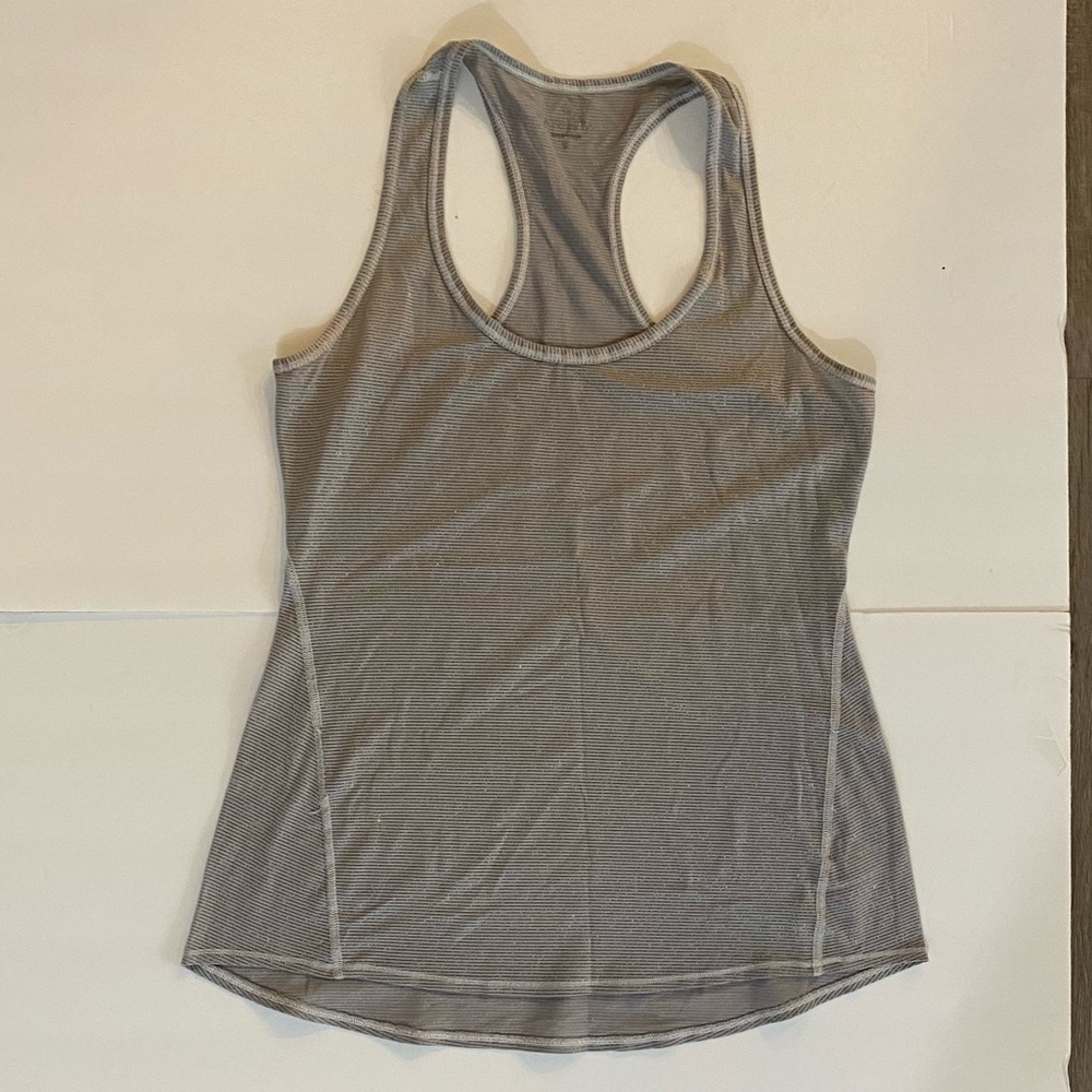 Athleta Racerback Tank Top, Microstripes, Grey and White